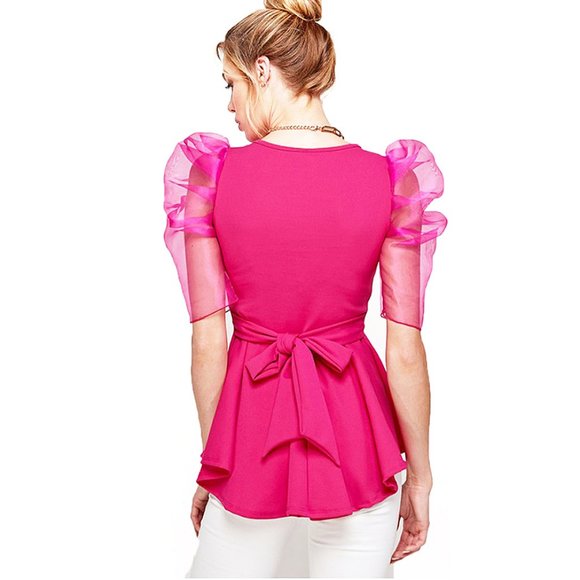 Retro Sheer Puff Romantic Fuchsia Blouse Top - Picture 5 of 6
